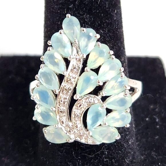 Retired 925 Cluster Teardrop Blue Leaf Aquamarine & White Zircon Size 7 Ring - Picture 3 of 16